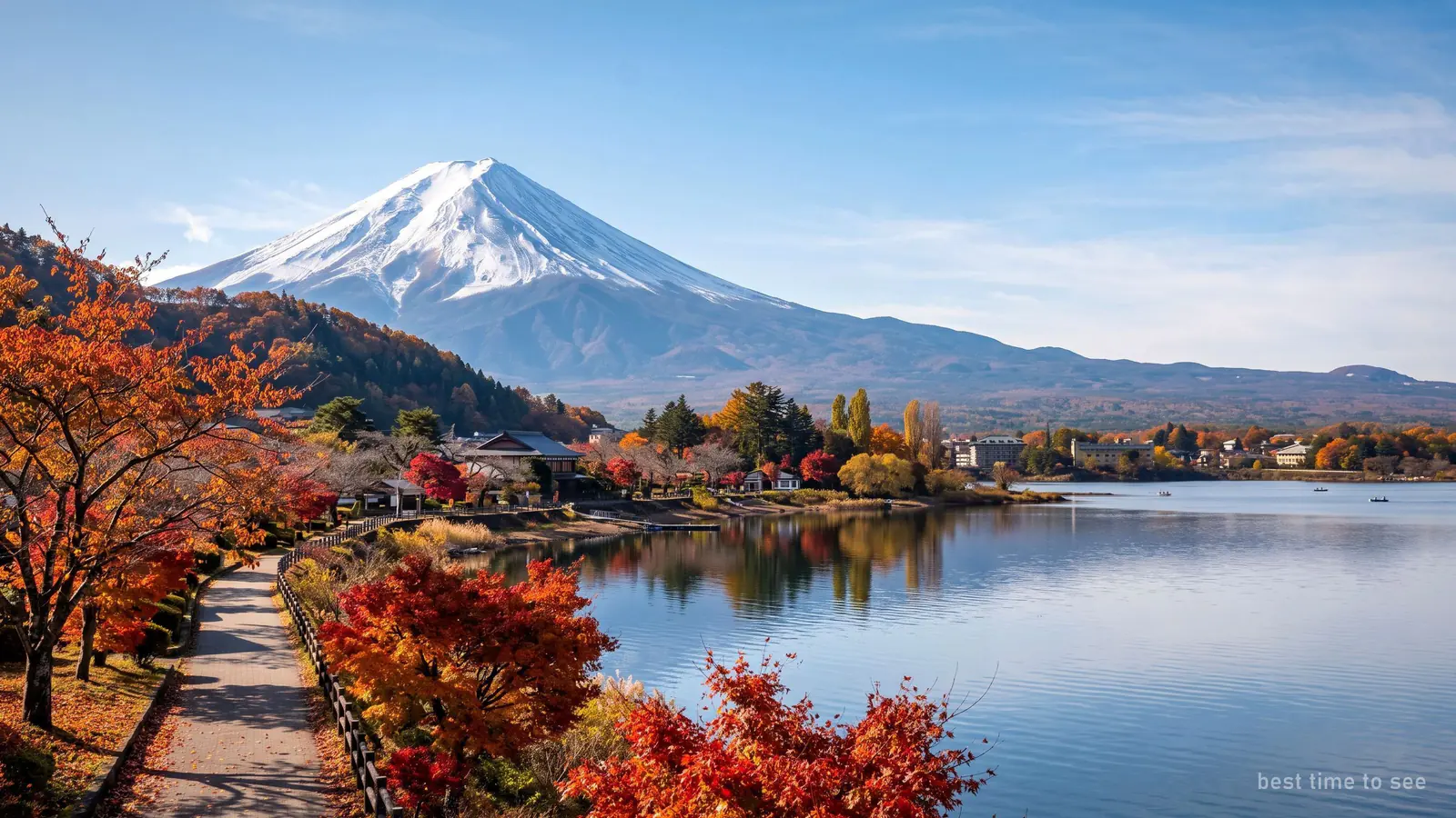 Mount Fuji's snow-capped summit clear against a winter sky, seen from across Lake Kawaguchi