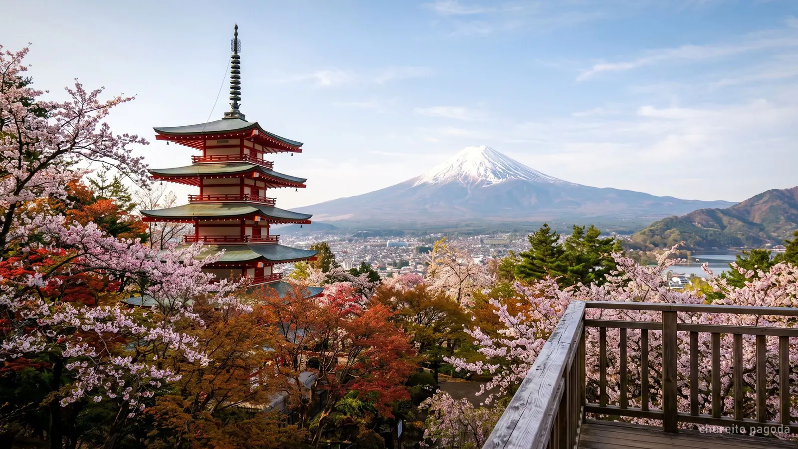 The red five-storied Chureito Pagoda with Mount Fuji rising behind it in Arakurayama Sengen Park