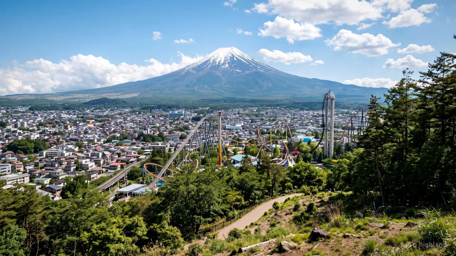 A roller coaster at Fuji-Q Highland with Mount Fuji visible in the background