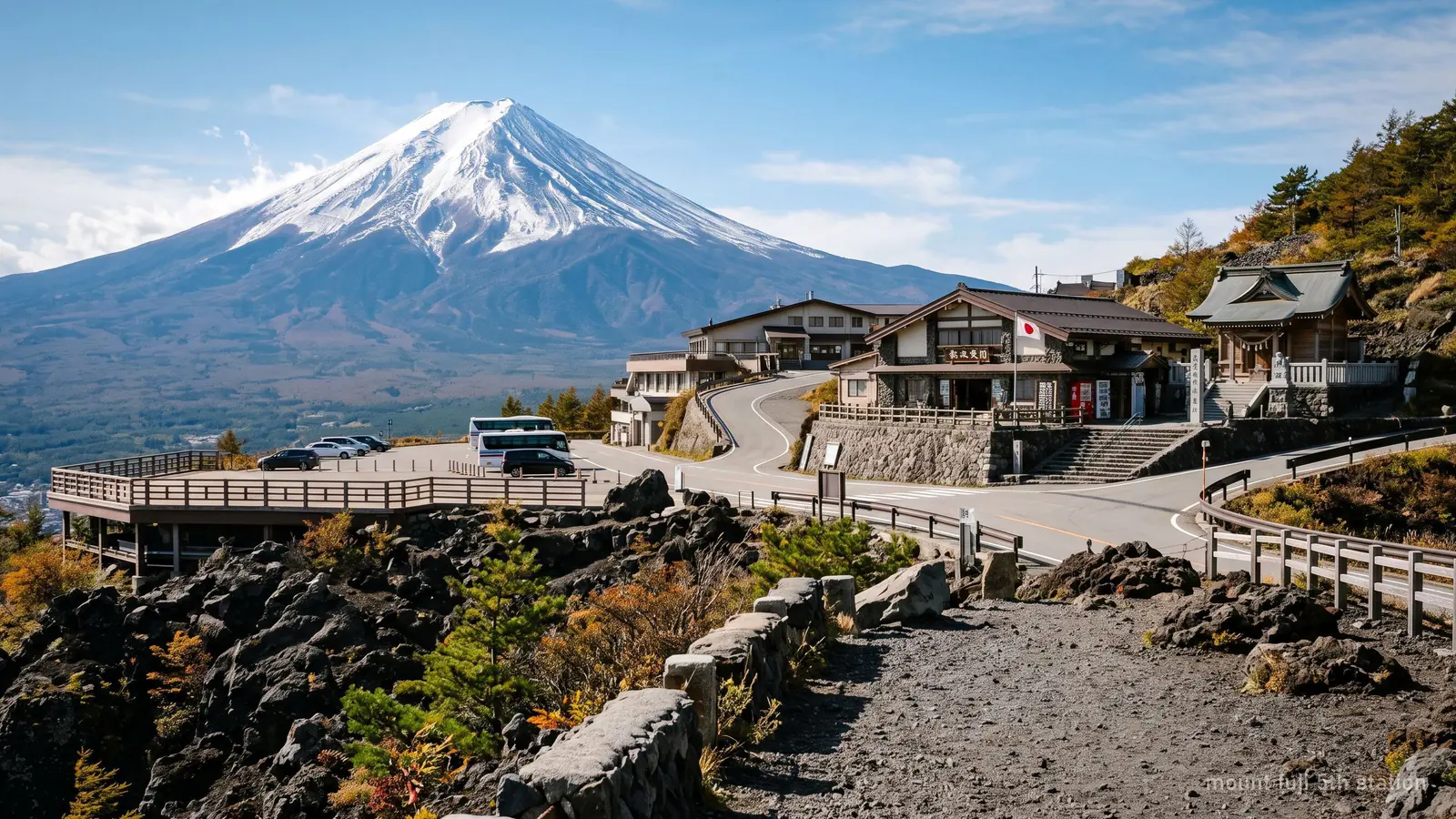 Shops and an observation area at the Mount Fuji 5th Station with the summit visible above the clouds