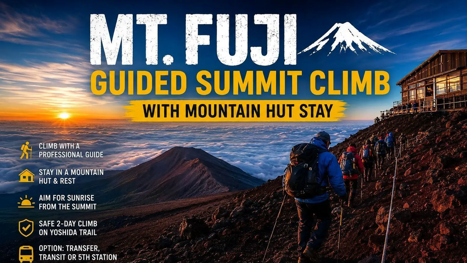 Guided climbers ascending Mount Fuji's trail toward the summit with a mountain hut visible