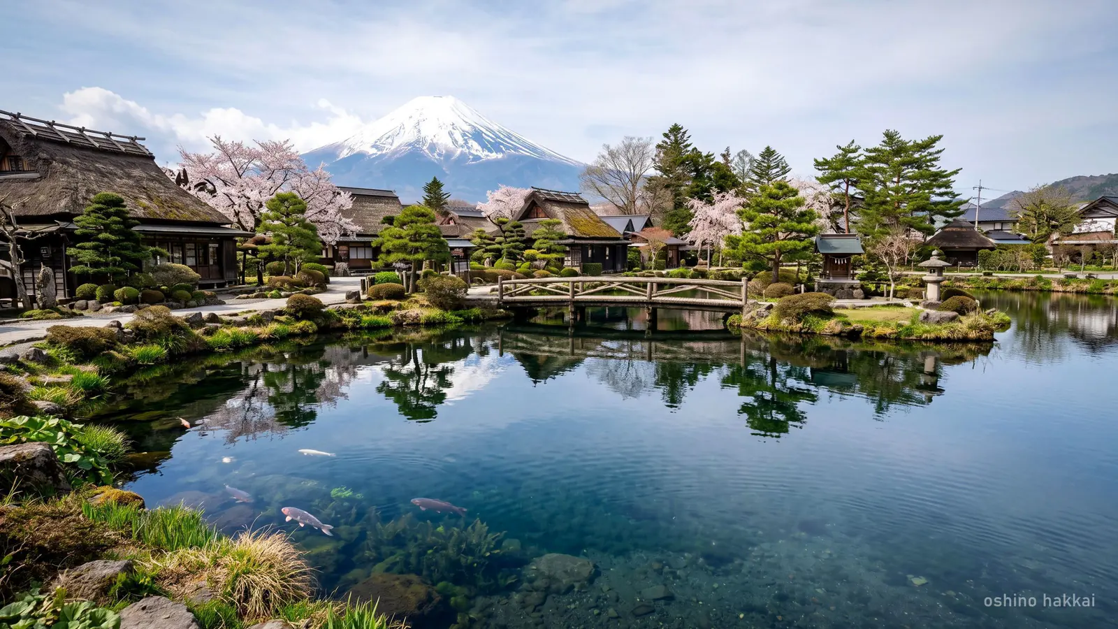 A clear spring pond at Oshino Hakkai with traditional thatched-roof buildings behind it